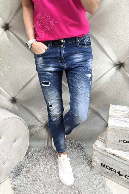 Luxusní dámské jeansy Baggy s elastanem a gumou v pase modré záplatové
