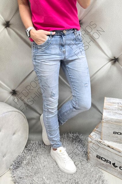 trendy dámské elastické jeansy Baggy světle modré