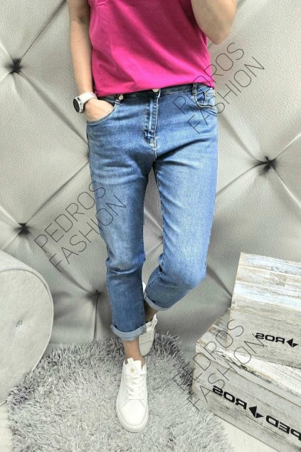 Luxusní trendy dámské elastické jeansy Boyfriend modré netrhané