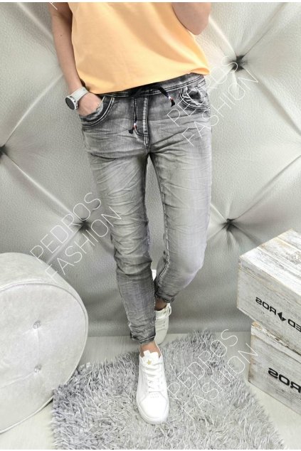 Tendy dámské elastické jeansy (džíny) baggy s gumou v pase šedé