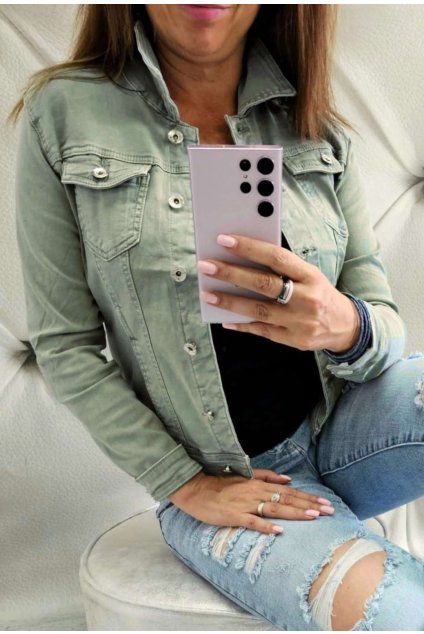 dámská jeans bunda s límečkem s elastanem zelená
