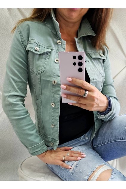 dámská jeans bunda s límečkem s elastanem zelená viridian