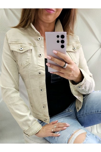 dámská jeans bunda s límečkem s elastanem béžová