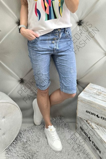 Trendy dámské elastické jeansové (džínové) kraťasy baggy modré na knoflíčky