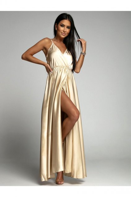 Luxusní dámské saténové šaty na roamínka s rozparkem zlaté