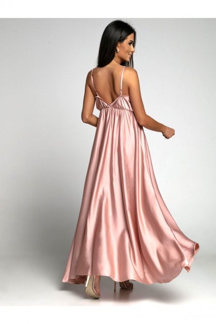 Luxusní dámské saténové šaty na roamínka s rozparkem růžové