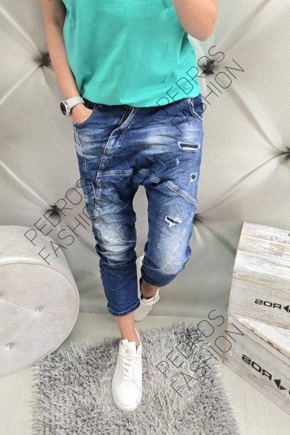 Trendy dámské jeansy Baggy spadlý posed modré