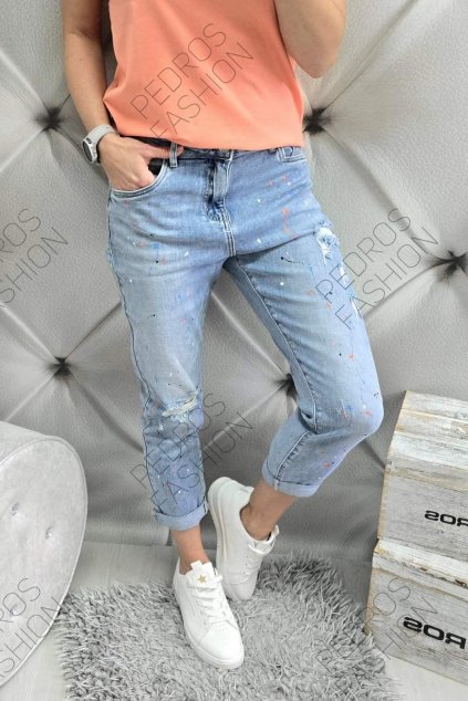 luxusní trendy dámské jeansy Boyfriend s potiskem světle modré
