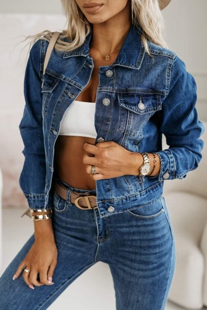 Trendy dámská elastická jeansová bunda s lámečkem na knoflíky tmavě modrá netrhaná