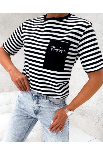 Trendy dámské elastické tričko Stay Here Marine pruhované, černo bílé