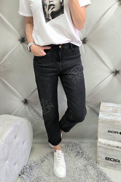 luxusní trendy dámské jeansy Boyfriend černé netrhané
