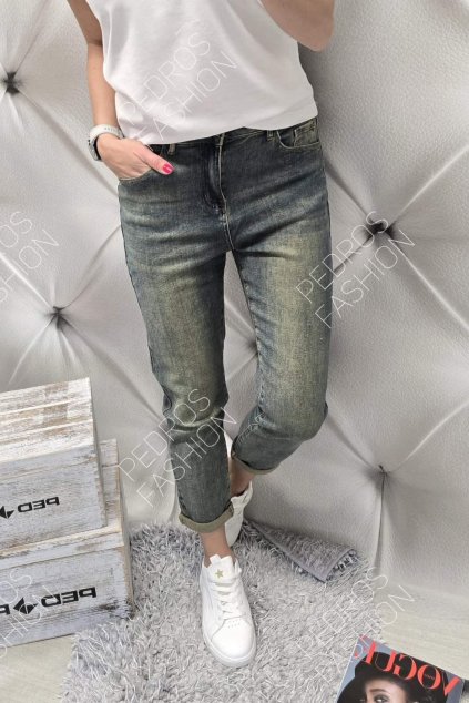 trendy dámské elastické jeansy boyfriend modré lehce trhané