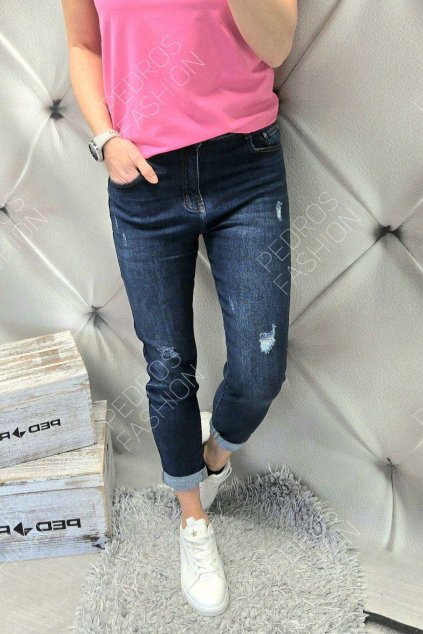trendy dámské jeansy Boyfriend, pružné s elastanem, tmavě modré, lehce trhané