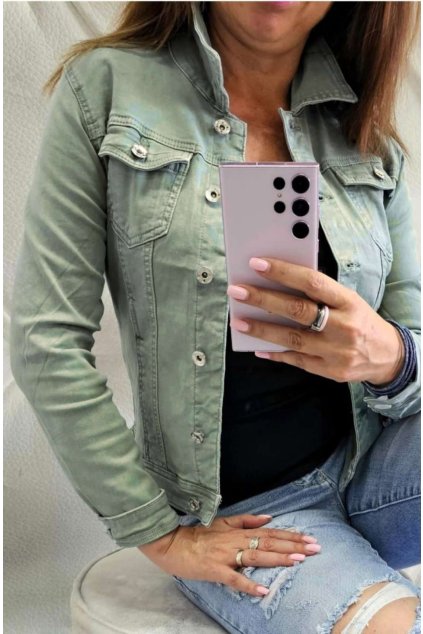 dámská jeans bunda s límečkem s elastanem zelená