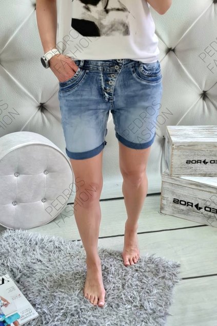kratší dámské jeansové kraťasy baggy modré
