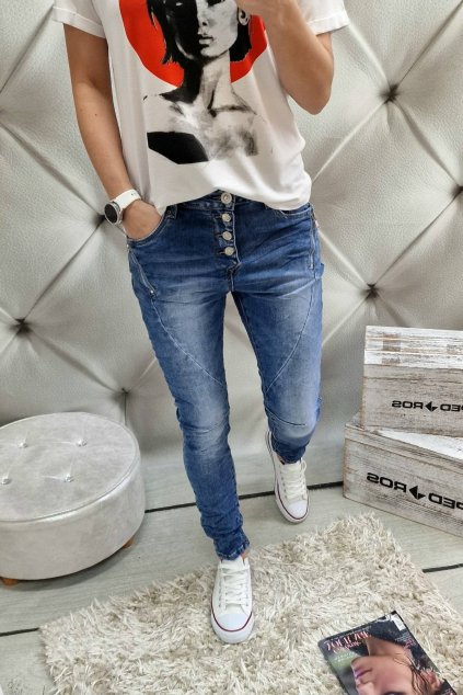 Trendy dámské jeansy baggy modré s knoflíčky