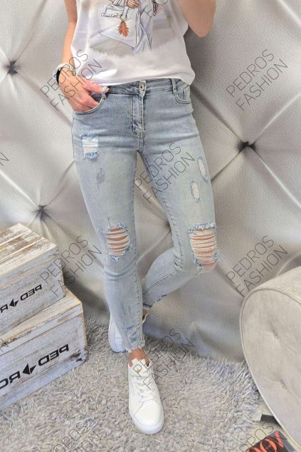 Trendy dámské elastické jeansy světle modré trhané