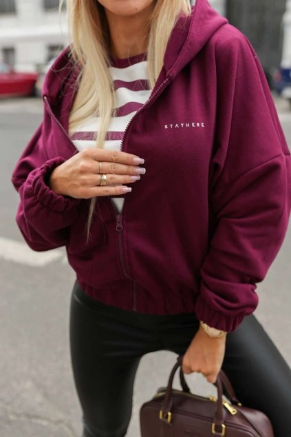 Trendy dámská mikina Stay Here s kapucí na zip bordó