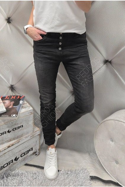 Trendy dámské jeansy Baggy černé netrhané na knoflíčky