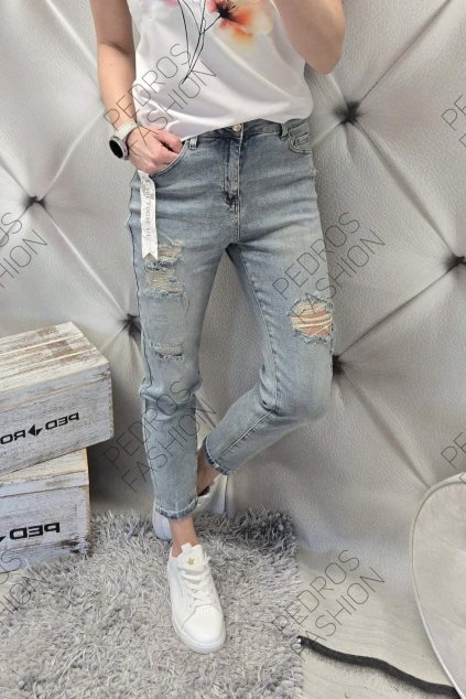 Trendy dámské elastické jeansy Boyfriend modré trhané