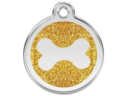 Red Dingo známka – Bone Glitter Gold – Kost zlatá třpytivá velikost známky M - 30 mm