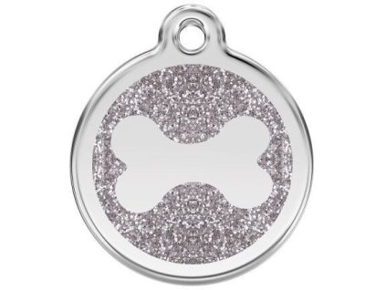Red Dingo známka – Bone Glitter Silver – Kost stříbrná třpytivá velikost známky M - 30 mm