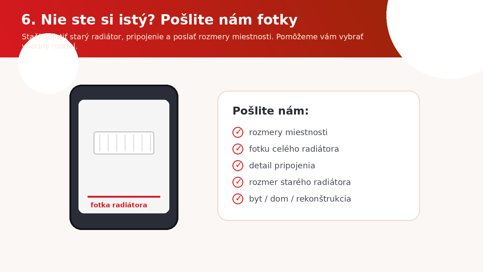 Infografika: zákazník môže poslať fotky radiátora a pripojenia