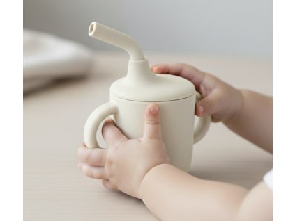 Detský hrnček so slamkou béžový