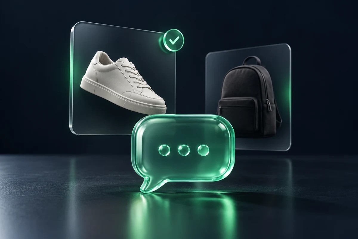Zelená skleněná chatová bublina s kartami produktů