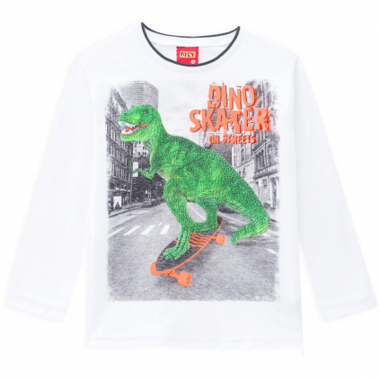 Chlapčenské tričko s dlhými rukávmi KYLY DINO SKATER biele