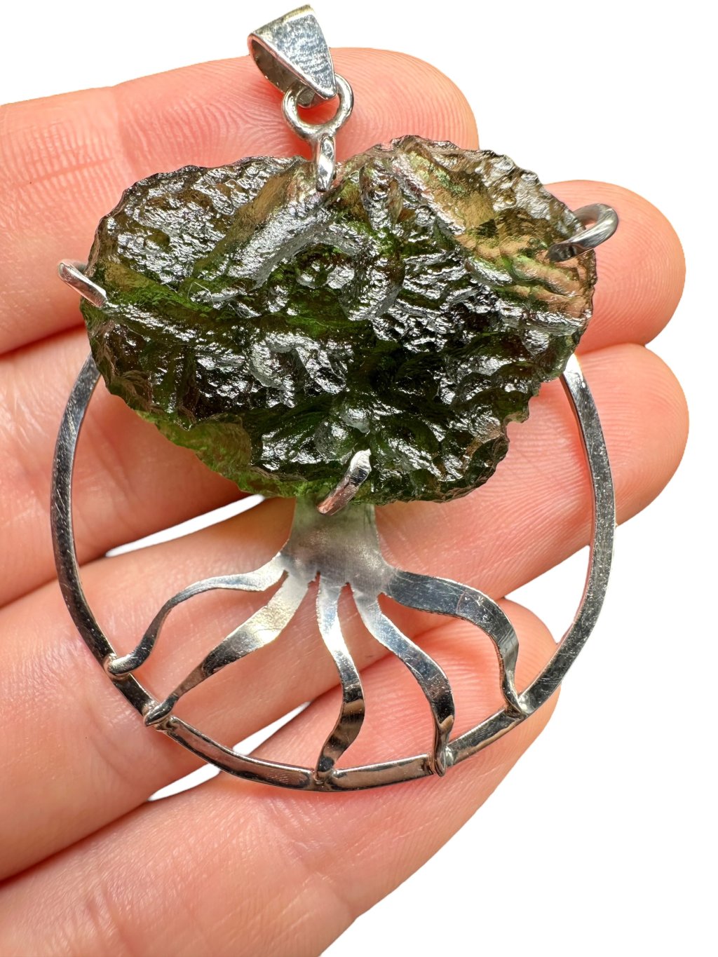 Silber Moldavit Anhänger 10g – Baum des Lebens