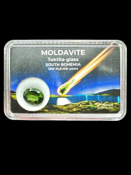Faceted moldavite in box