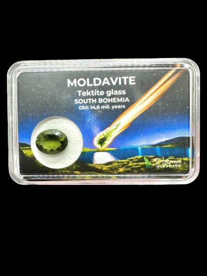 Faceted moldavite in box