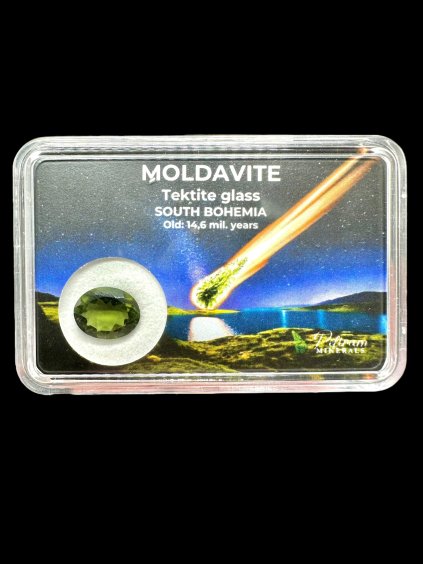 Faceted moldavite in box