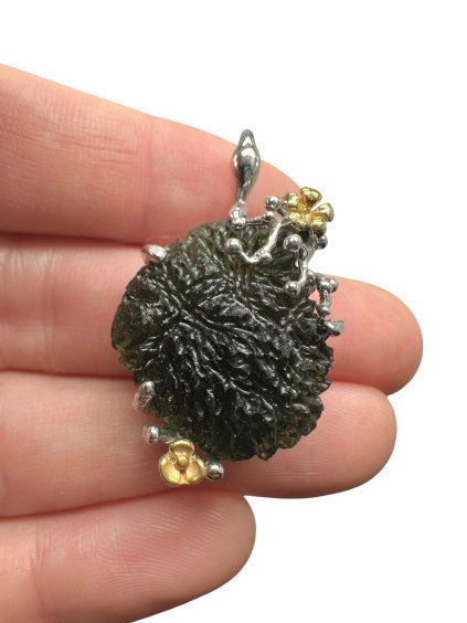 Silber Moldavit Anhänger mit vergoldeten Elementen 9,7g