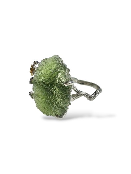 Silver moldavite ring with gold-plated elements 8g
