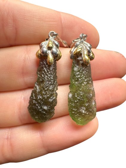 Silver moldavite earrings with gold-plated elements 8g