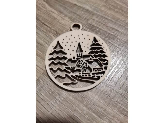 Dřevěná vánoční ozdoba č.09 - krajina s domky