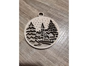 Dřevěná vánoční ozdoba č.09 - krajina s domky