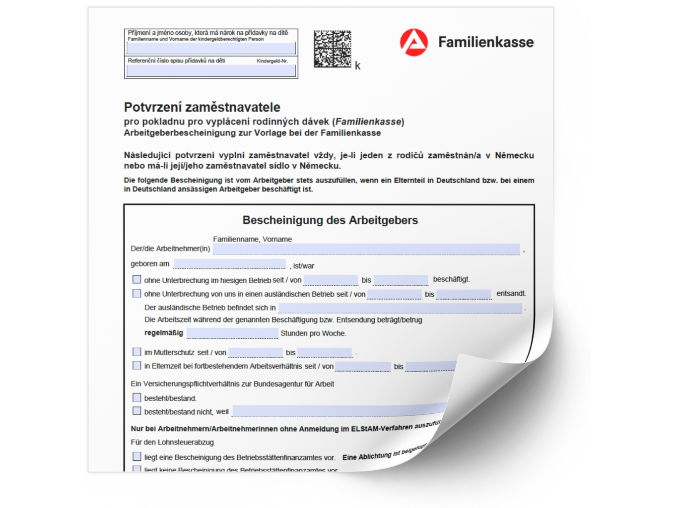Potvrzení zaměstnavatele - Familienkasse