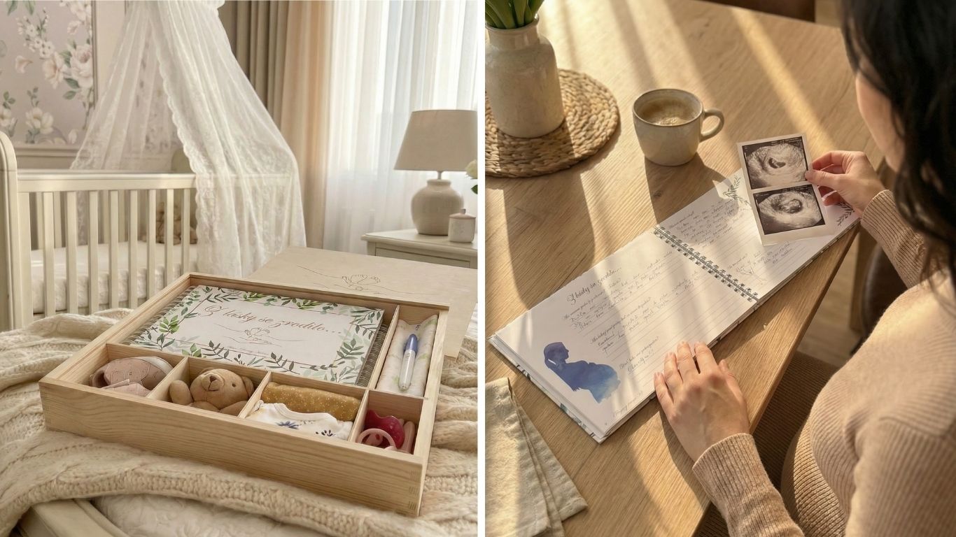 Dřevěný memory box s přihrádkami v dětském pokoji a těhotná žena vlepující snímky ze sona do vzpomínkové knihy