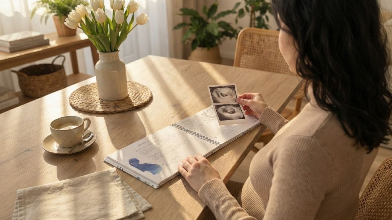 Kismama a Szerelemből született babanapló mellett ül és egy ultrahangképet néz