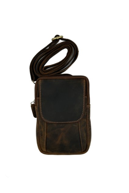 Kožená pánská taška na mobil přes rameno s kapsou světle hnědá 827