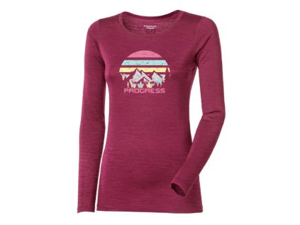 triko dlouhé dámské Progress HELA LANDSCAPE merino vínový melír (Varianta L)