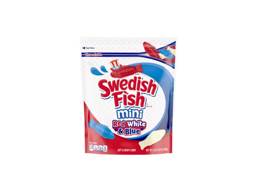 Po Expiraci Swedish Fish Mini Red White & Blue 816g USA - Americké,  Asijské, Evropské sladkosti