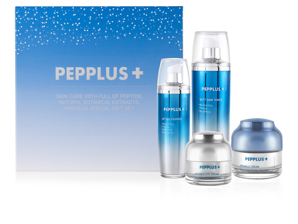 ALT: PEPPLUS+ Premium Special Gift Set obsahující produkty pro péči o pleť: Lifting Essence, Soft Skin Toner, Wrinkle Eye Cream a Wrinkle Cream, balené v elegantní modro-bílé dárkové krabici.