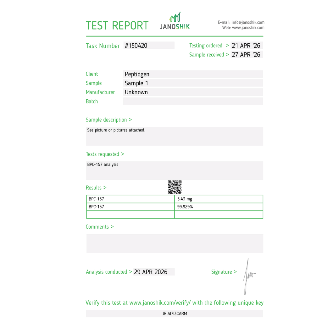 Certifikát Janoshik BPC-157