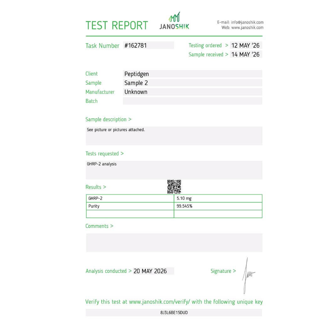 HPLC test čistoty GHRP-2 – ≥98 % (Janoshik Analytical)