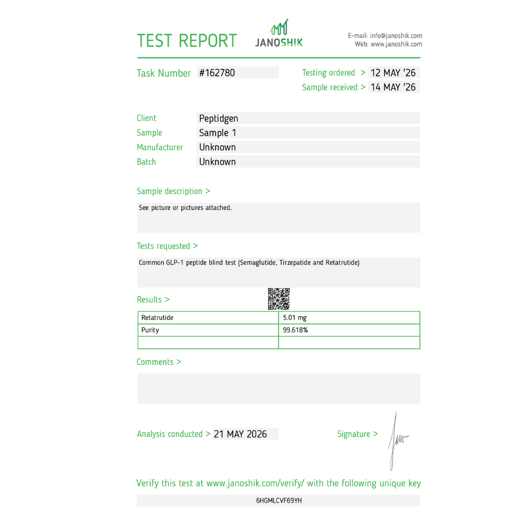 HPLC test čistoty Retatrutide – 99,618 % (Janoshik Analytical)