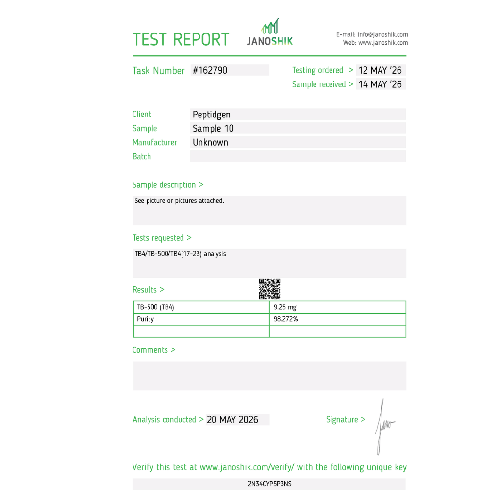 HPLC test čistoty TB-500 – ≥98 % (Janoshik Analytical)